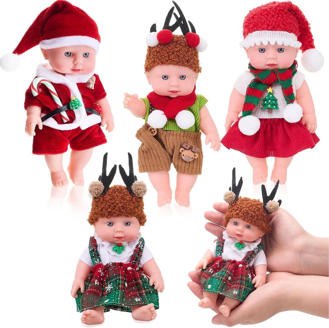 7 Inch Mini Baby Mini Reborn Doll Vinyl Full Body Lifelike Dolls Baby with Weighted Cloth Reborn Gift Set for Kids, Gifts for Christmas Kids(4 Pcs,Christmas)