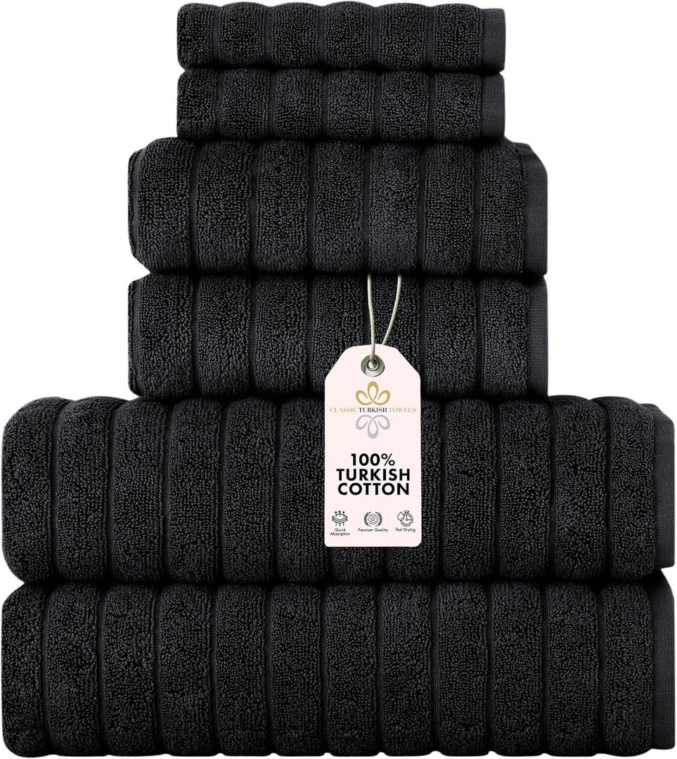 Classic Turkish Towels CTT Luxury 6 Piece Towel Set, 100% Turkish Cotton, Quick Drying, Highly Absorbent & Comfy, Includes 2 Bath Towels, 2 Hand Towels & 2 Washcloths | (Black)
