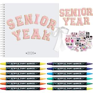 Tenceur Senior Scrapbook 2026 Kit DIY Senior Year Memory Book Gift Set Paper Scrapbook Decoration with Double-Ended Marker Self-Adhesive Chenille Letter Stickers for First Day of School 12x12''(Pink)