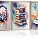 3 Pcs Framed Graffiti Abstract Wall Art Headphones Books Sneakers Canvas Print Poster Watercolor Pink Wall Decor Pictures Teenager Bedroom Wall Homemade Set Decoration for Living Room Bedroom Office 24" x 16"