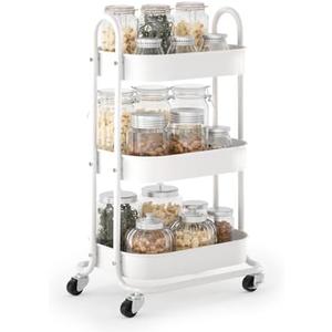 EAGMAK 3 Tier Rolling Cart, Round Metal Utility Cart with Lockable Wheels, Storage Cart Organizer Trolley with Mesh Shelves for Living Room, Kitchen, Bedroom, Office (White)