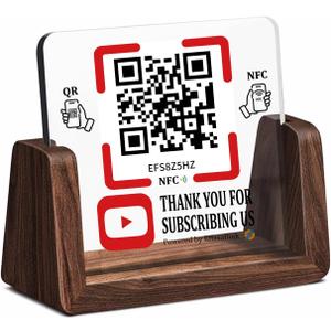 Wooden Stand with Clear Acrylic QR & NFC Sign for Storefront  Easy and Fast Access to Social Media Page for Customers  Perfect for Promoting Social Media Following - Compatible with YouTube (Social 5-YT)