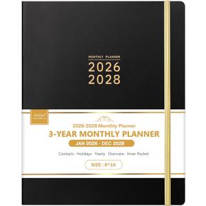 2026-2028 Monthly Planner - 3 Year Monthly Planner 2026-2028, Jan.2026 - Dec.2028, 8" x 10", Tabs + Back Pocket + Hardcover- Black