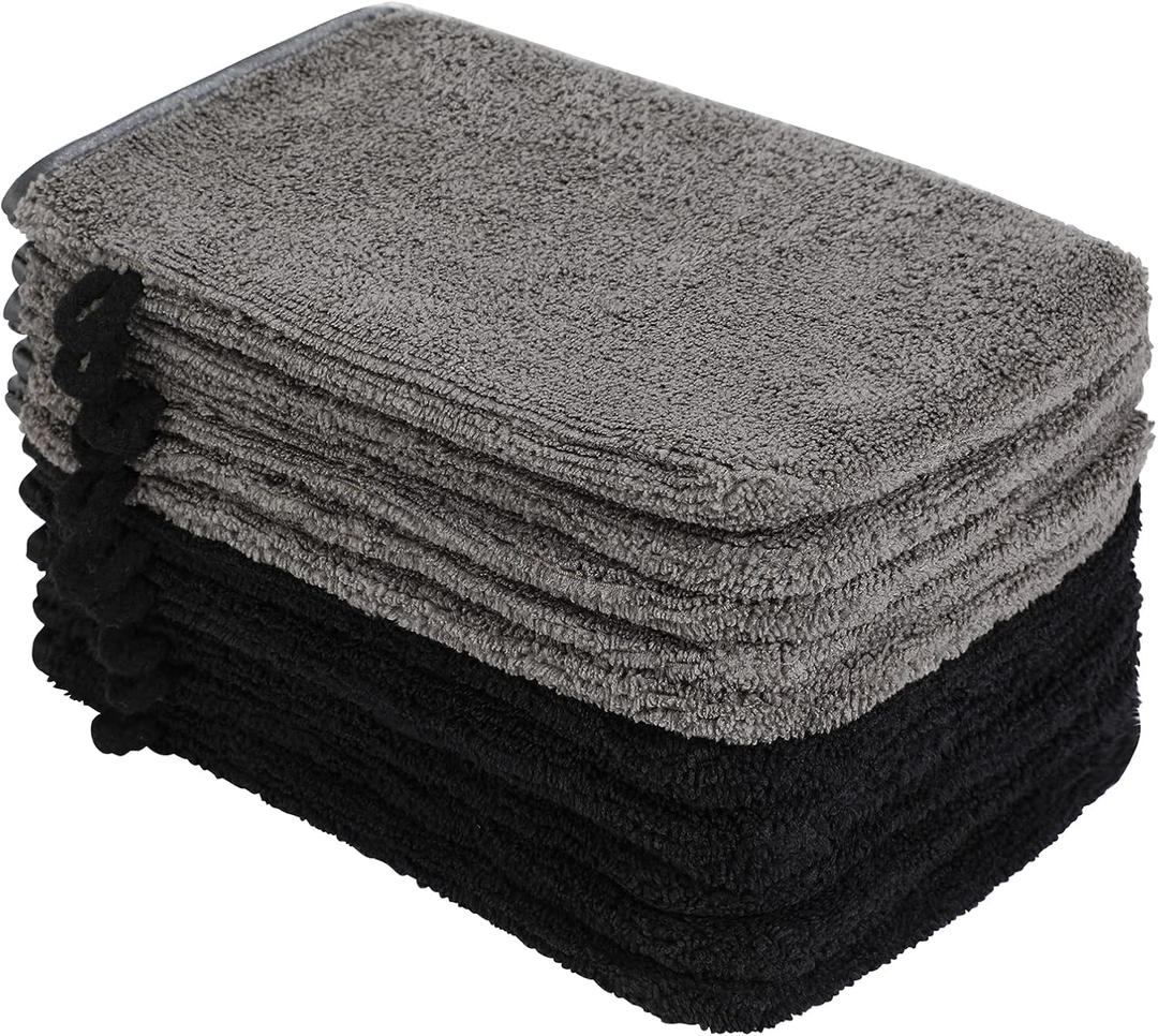 PHOGARY 10 Pack Microfiber Body Wash Mitts, Soft Face Mitten, Bath Spa Cloth, Reusable Makeup Remover Mitt Gloves, European Style Wash Cloth,68inch, Black and Grey