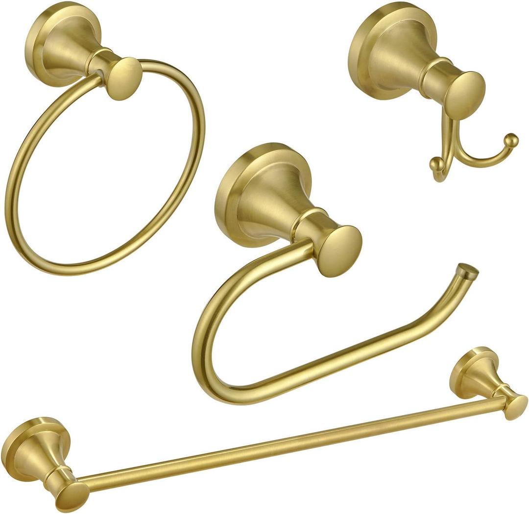 BESy Brushed Gold 4 Piece Bathroom Accessories Set (Single Towel Bar, Towel Ring, Toilet Paper Holder, Double Towel Hooks), Wall Mounted Bath Hardware Accessory Fixtures Set