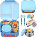Kids Bento Lunch Box with 9oz Soup Thermo Leakproof Lunch Food Containers 4 Compartment with Insulated Hot Food Jar for Kid Toddler Girls Boys to School, Trvael (Blue)