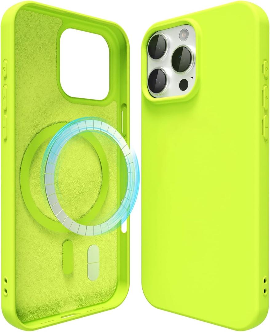 Oakxco Silicone Case for iPhone 16 Pro Case Magnetic, Compatible with Magsafe Wireless Charging, Slim Thin Soft Rubber, Girly Cute Bright Hard Mag Safe Cover for Women, Fluorescent Neon Green Lime