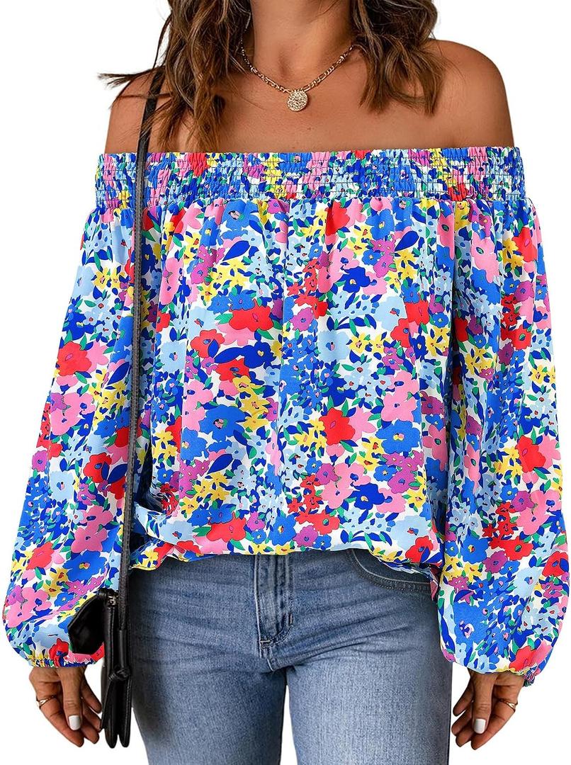 KIRUNDO Off The Shoulder Tops for Women 2026 Spring Summer Tops Boho Floral Blouse Long Sleeve Shirts Fashion Clothing (S)