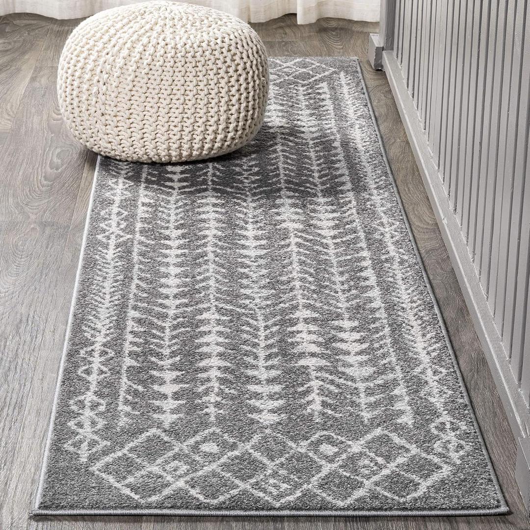 JONATHAN Y Ziri Moroccan Geometric Gray/Cream Runner Rug, 2x8, Bohemian, Scandinavian, Easy-Cleaning for Living Room, Bedroom, Kitchen, Pet Friendly, Non-Shedding (MOH210B-28)