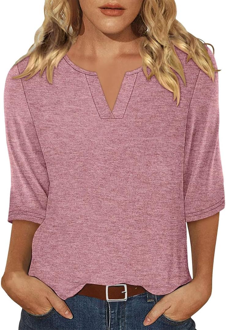 KISSMODA 3/4 Length Sleeve Shirts for Women Floral Business Shirts Tops Blouses Tops Loose Fit T-Shirts (Pink, XL)