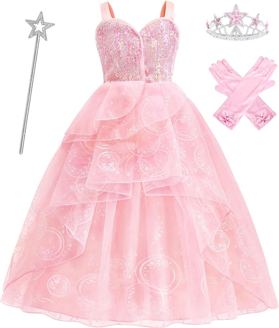 Pink Witch Costume for Girls with Crown Wand Gloves,Halloween Costume for Kids Girls Good Witches Princess Dress Up (4-5Years)