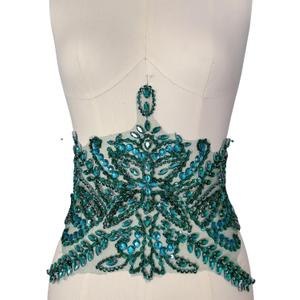 Handmade Beaded Waist Decoration Patches - Removable Rhinestone Appliques for Clothing, Belts, DIY Costume Accessories (Deep Green)