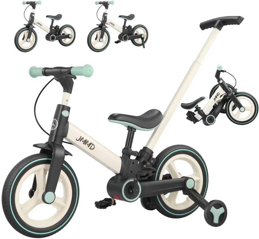 JMMD 6 in 1 Toddler Bike with Push Handle for Kids 18-60 Months, 12" Foldable Balance Bike with Training Wheels, Pedals, Brakes, Kickstand, Push Tricycle Toddler Gift & Toys for Boy & Girl (Large, Mint)