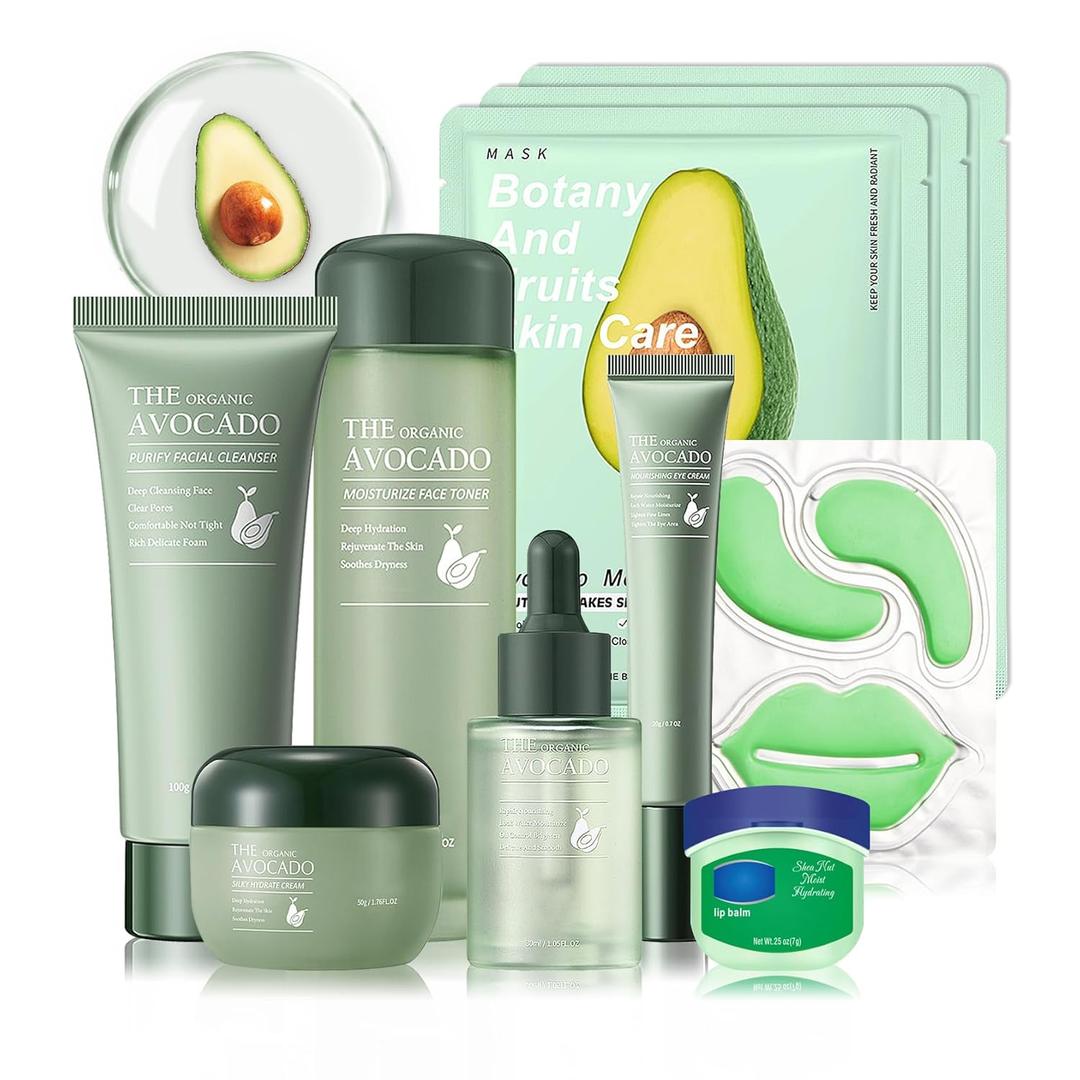 10 Pcs Avocado Skin Care Set with Facial Cleanser,Toner,Face Serum,Face Cream,Eye Cream,Moisturizing Lip Balm,Under Eye Patch and Lip Mask,Hydrating Face Sheet Masks Skin Care Facial Kit for Women
