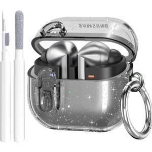 OTOPO Compatible with Samsung Galaxy Bud 3 Pro Case/Buds3/Buds 3 FE Case Clear Lock Clip with Cleaner Kit, Transparent TPU Galaxy Buds Pro 3 Protective Cover Men Women with Carabiner, Glitter Black