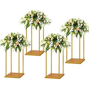 YALLOVE Gold Flower Stand Set of 4, 15.75 Inch Tall Metal Square Centerpieces for Wedding Reception Table Decoration, Plant Display Rack at Home, Geometric Flower Holder with Top and Bottom Plate