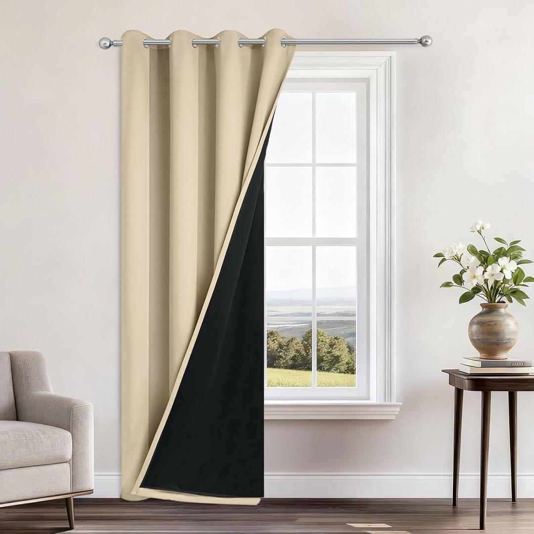 Yakamok 100% Blackout Curtains 84 Inches Long, 2 Thick Layers Heat and Full Light Blocking Soft Thermal Insulated Drapes for Bedroom(52" Wide Each Panel, Beige, 1 Panel)