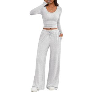 Trendy Queen Women 2 Piece Matching Lounge Sets Clothing Wide Leg Pants 2026 Y2K Sweatsuits Spring Travel Airport Outfit (Small, Oatmeal Grey)