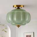 15in Green Glass Ceiling Light, Vintage Gold Semi Flush Mount Schoolhouse Ceiling Light Fixture Art Deco Style, for Kitchen Island Dining Living Room Lighting, LED Bulb Included 1 Pack