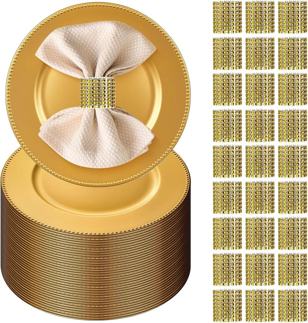 200pcs Gold Charger Plates With Napkin Rings Set Include 100 Gold Beaded Charger Plates 100 Napkin Rings, 13 Inch Plastic Round Chargers for Dinner, Wedding, Birthday, Party, Banquet, Table Setting, Large