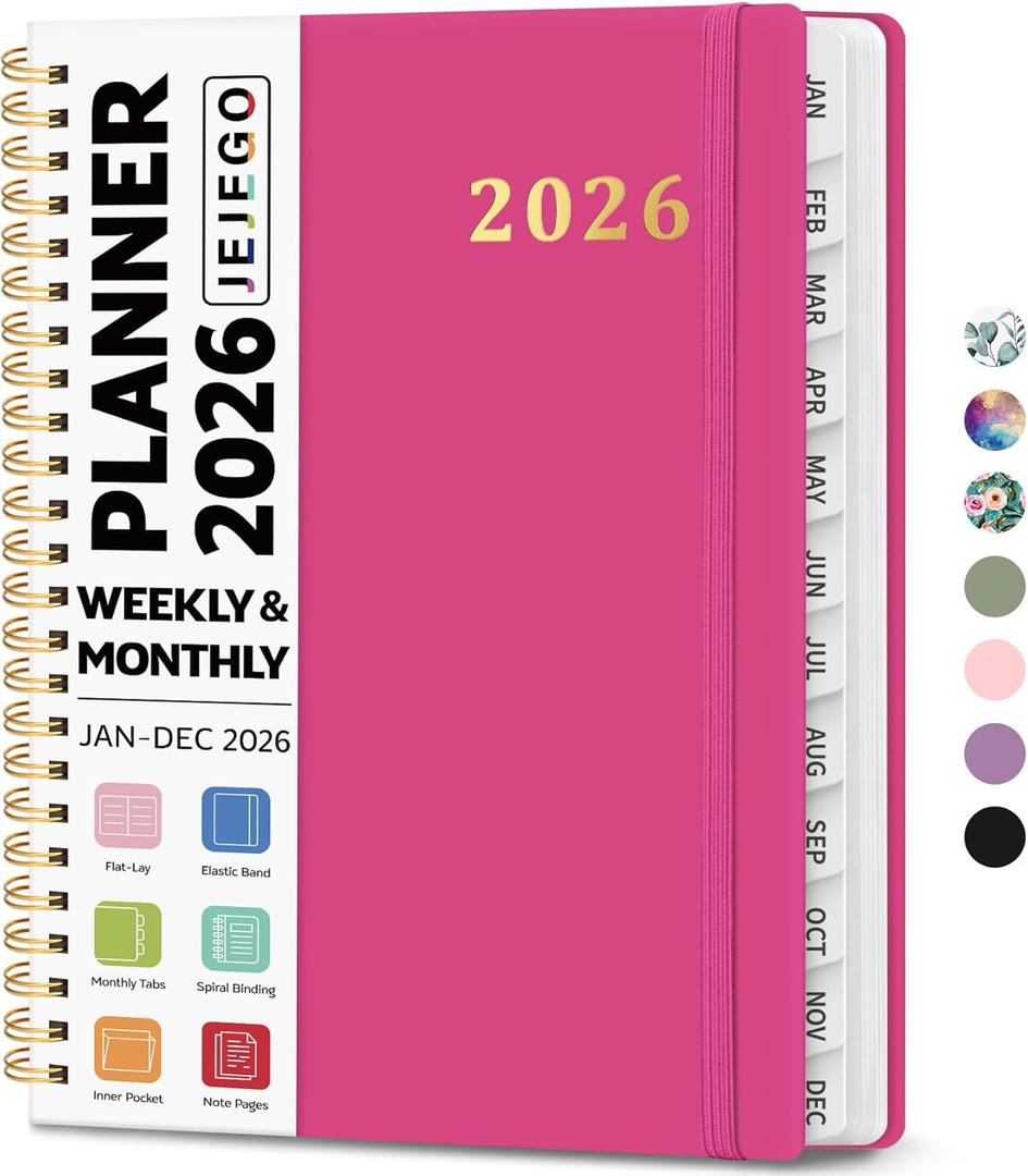 2026 Planner, Weekly and Monthly Calendar Planner Book, January 2026 - December 2026, Hardcover Spiral Planner with Monthly Tabs, Notes Pages, Perfect for Women & Men, A5 (6.4" x 8.5") - Hot Pink