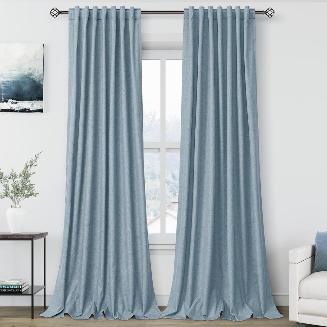 100% Blackout Linen Curtains 90 inch Length 2 Panels for Living Room Loop Pocket Pinch Pleated Black Out Drapes Blue Colored Heat Reducing Total Blackout Window Curtains for Bedroom 90 inches Long (52"W x 90"L (Pack of 2))