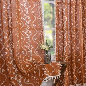Schweek Boho Terracotta Curtains for Living Room 63 Inches Long Semi Sheer Linen Floral Curtains Vintage Farmhouse Window Curtain 2 Panel Sets for Dining Room Kitchen Rust Colored
