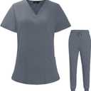 VIAOLI Scrubs for Women Set V-Neck Pocket Top & Drawstring Jogger Scrub Pants Stretch Nursing Scrubs Set Uniform (Medium, Grey)