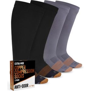 Doctor's Select Copper Plus Size Compression Socks Wide Calf - 2 Pairs | 20-30mmHg Extra Wide Calf Compression Sock Women | Copper Compression Socks Men & Women | Extra Wide Calf Compression Sock for Swelling & Circulation Support | Black & Gray, XL,
