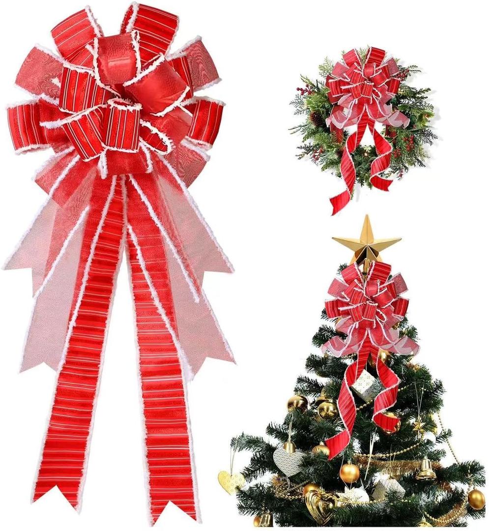Wreath Bow Large Red Tree TopperBurlap with White Polyester Edge Gift Bow for Wedding Party Holiday Home Indoor Outdoor Decoration