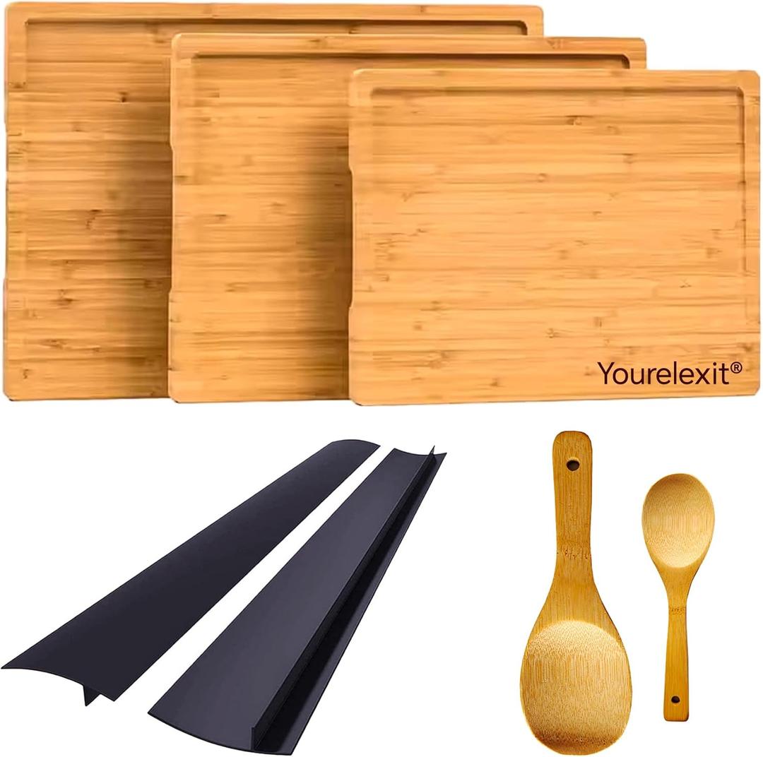 Bamboo Cutting Board Set 3-Piece for Kitchen, Eco-Friendly Wood Chopping Boards, Bamboo Spoon, Silicone Stove Counter Gap Cover (Bamboo)