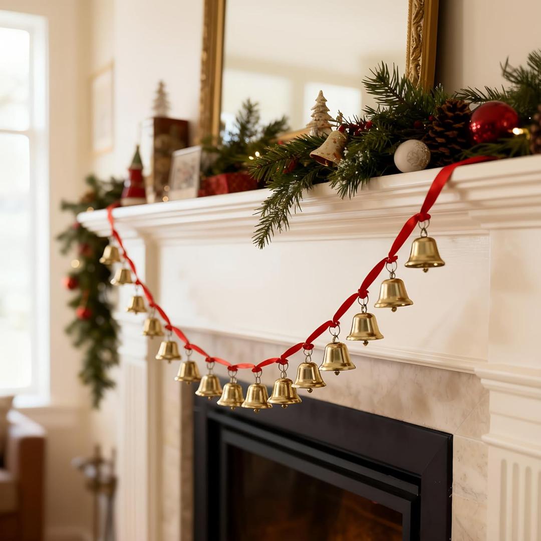 2 Pcs Bells Garland with 15 Gold Bells 6.5ft Red Velvet Ribbon Garland Rustic Vintage Jingle Ornaments for Tree Fireplace Wedding Mantle Indoor Decor
