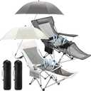 2 Set Reclining Beach Chair and Umbrella for Adults, Outdoor Camping Foldable Sand Chairs with Umbrella, SPF 50+, High Back, with Foot Rest, Cup Holder and Mesh Bag (Gray, Beige)
