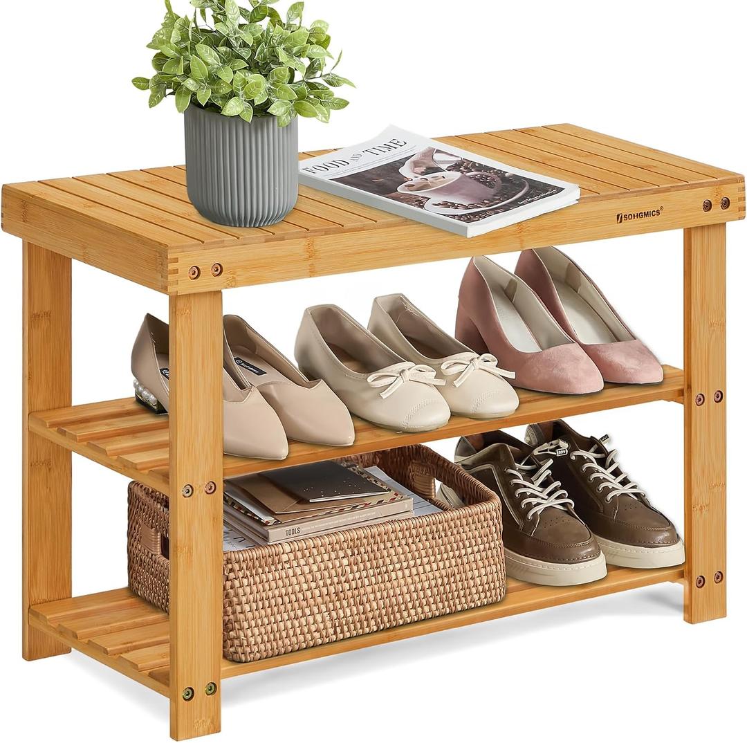 SONGMICS Shoe Rack Bench, 3-Tier Bamboo Shoe Storage Organizer, Entryway Bench, Holds Up to 286 lb, 11.3 x 27.6 x 17.8 Inches, for Entryway Bathroom Bedroom, Natural ULBS04N