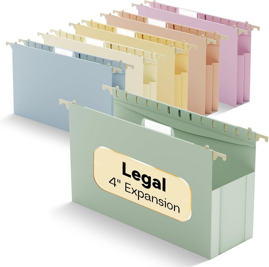 Legal Size Hanging File Folders,6 Pack Heavy Duty 4" Expanding Pocket,Reinforced High Capacity Legal Plastic Hanging Folders,Sturdy Hang Folders with Tabs,Designed for Bulky Files,Pastel Color