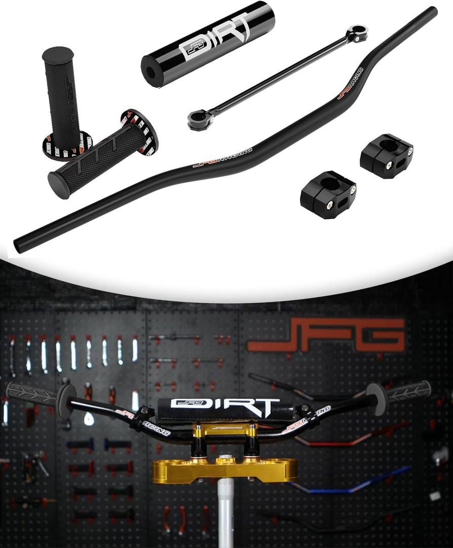 JFG RACING 1 1/8" 28mm Motorcycle Handlebar Kit With Cross Bar & Chest Pad & Grips & Grip Donuts for Most Dirt Bike, MYSTERIOUS BLACK