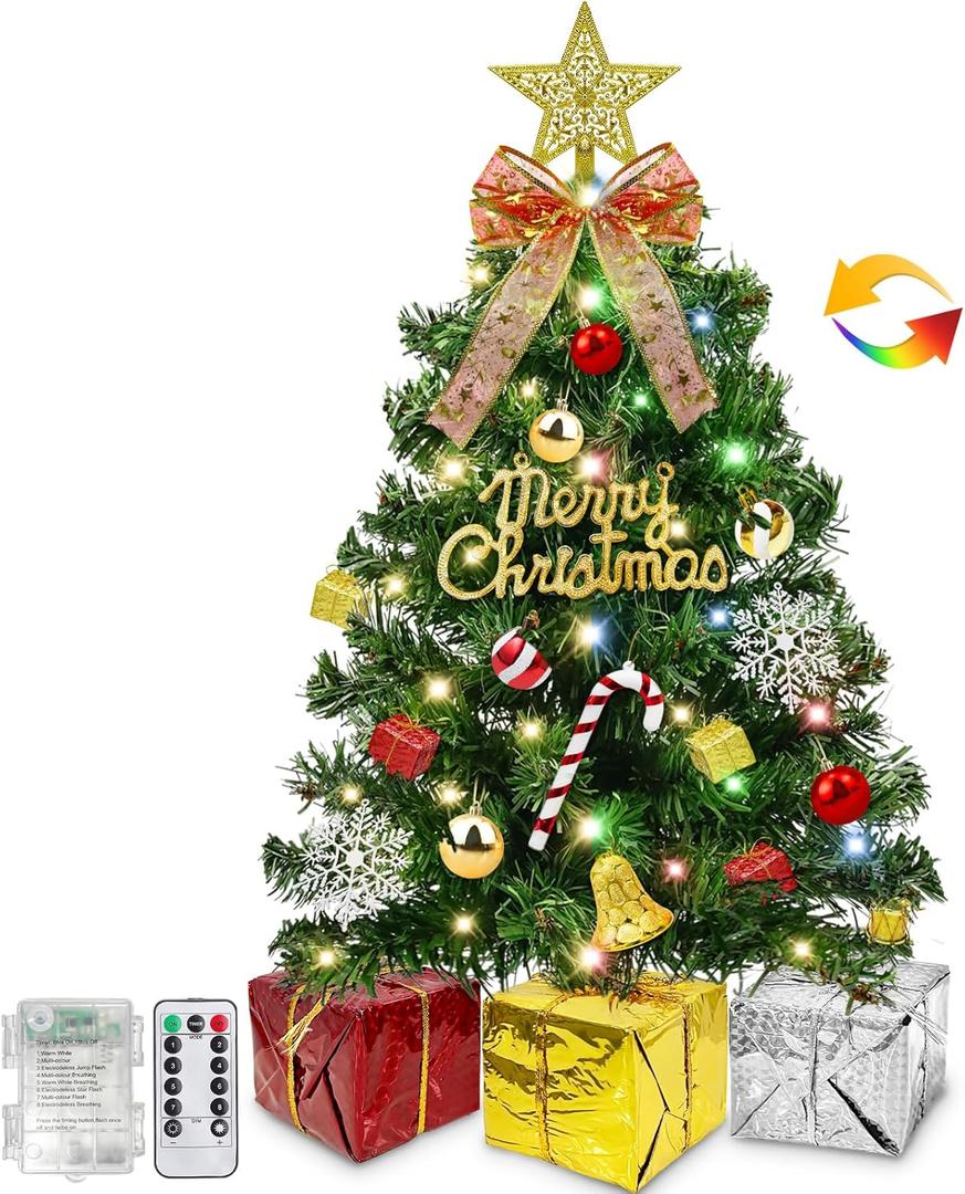 Dual Color Change&Remote Control 24 Inch/2FT Tabletop Christmas Tree with Lights Timer, 20 Warm White&Colored Lights 8 Modes 27 Orantments Star Boxes Mini Small Christmas Tree Xmas Home Party Decor (Green)