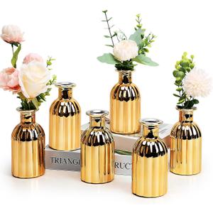 Small Gold Bud Vases, Bud Glass Vases for Centerpieces Set of 6 Golden Flower Vases for Wedding Home New Year Party Table Centerpieces Decor