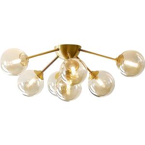 KCO Lighting 7-Lights Mid Century Modern Flush Mount Ceiling Light Overhead Amber Glass Globe Sputnik Chandelier Ceiling Light Fixture Brass Gold Bedroom Living Room Ceiling Lighting