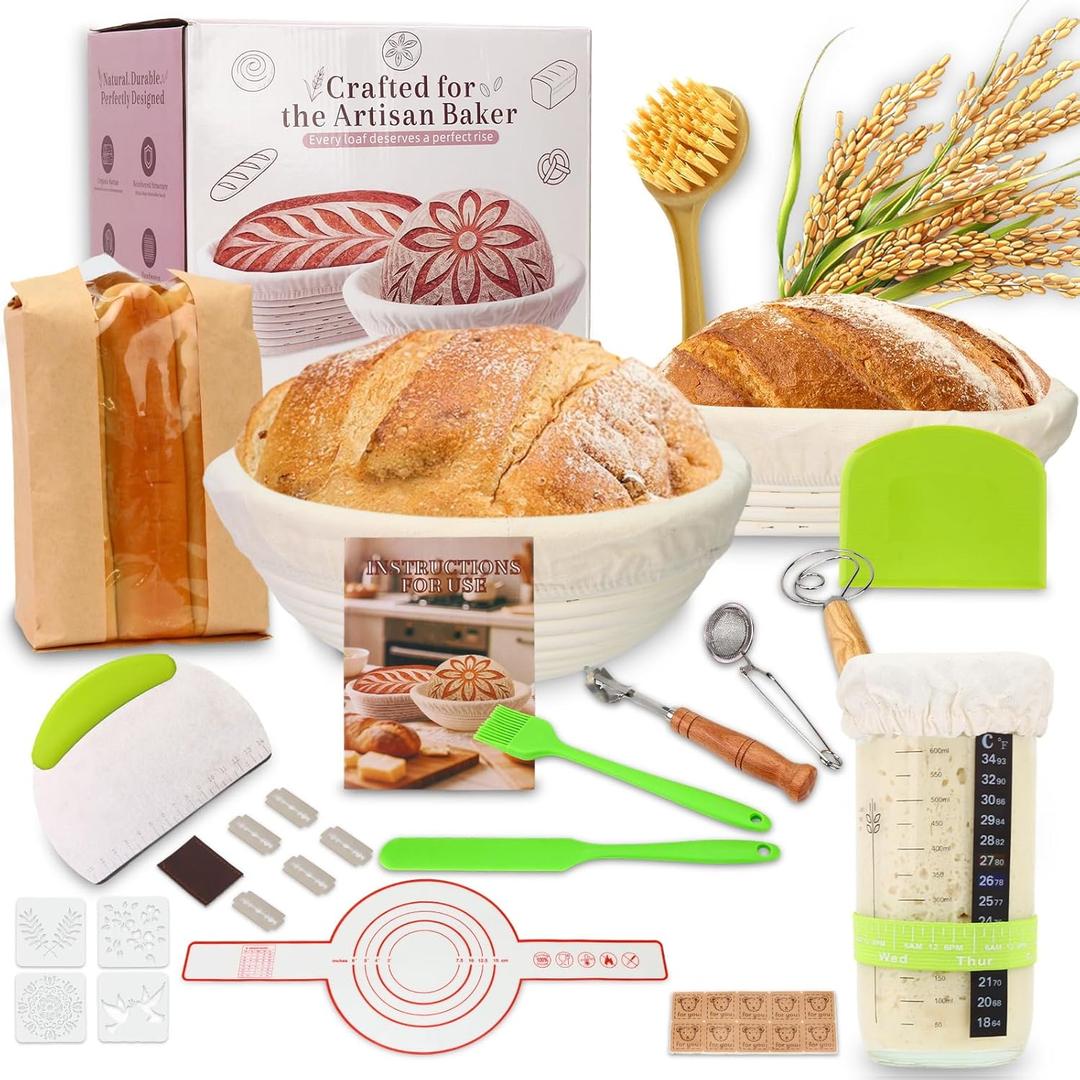 Tomshub Sourdough Starter Kit,9 Inch Round & 10 Inch Oval Banneton Bread Proofing Basket with Dough Whisk Bread Lame Dough Scraper Bowl Scraper Silicone Brush Sourdough Bread Baking Supplies
