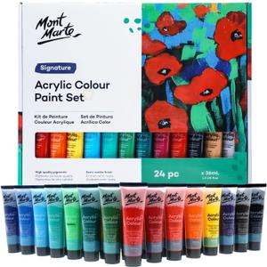 Mont Marte Acrylic Colour Paint Set Signature 24pc x 1.21 US fl.oz (36ml), Acrylic Paint Kit Ideal for Canvas, Wood, Air Dried Clay, Cardboard and More, Great Beginner Acrylic Paint Set, Includes 24 Colors