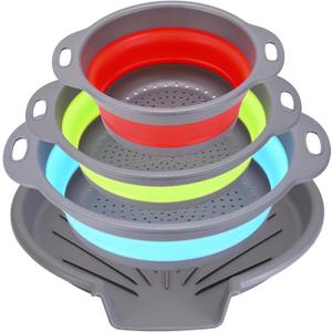 Collapsible Colander Set with Oversized Draining Tray | 3-Pack Foldable Kitchen Strainers + Base | Space Saving for Pasta, Veggies, Fruit & Rice | 5 Colors (Gray-Blue-Red-Green)