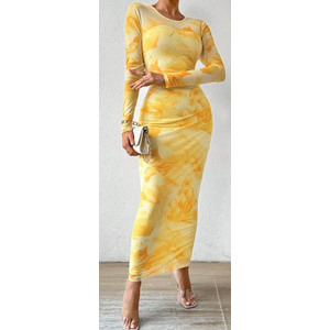 GORGLITTER Women's Sexy Floral Print Mesh Insert Maxi Dress Long Sleeve Crewneck Bodycon Dresses Yellow Small