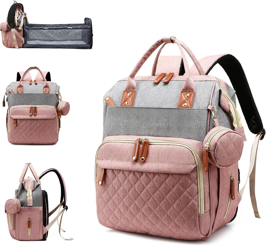 Diaper Bag with Changing Station, Waterproof 3 in 1 Baby Diaper Backpack with Foldable Changing Pad, Pink-Grey