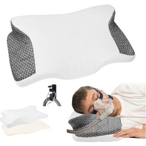 Cervical Neck CPAP Pillow for Side, Back Sleepers to Neck Pain Relief - Reduce Air Leaks & Mask Pressure for Better Sleep- Include CPAP Hose Holder - Avoid Hose Tangles & Keep The Hose Off The Floor (Gray)