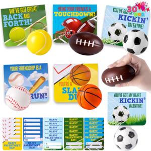 JOYIN 30 Packs Valentines Day Gift Card with Sport PU Balls, Mini Sports Ball Sqishy toy Foam for Classroom Exchange Gift for Kids, Holiday Party Favor Toys, Reward Prizes, Stress and Anxiety Relief