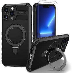 iPhone 13 Pro Magnetic Case [Compatible with MagSafe] with 2 Tempered Glass Screen Protectors with Ring Kickstand,Military Grade Heavy Duty for iPhone 13 Pro Case,6.1'' Black