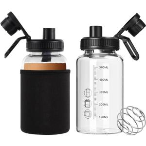 Glass Shaker Bottle,22oz BPA-Free Odorless Shaker Bottle with 304 Stainless Steel Ball and Removable Cleaning Brush for Fitness Protein Mixes(2Pack)