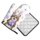 Easter Oven Mitts and Pot Holders Sets Easter Eggs Oven Mitts Heat Resistant Pink Bunny Rabbit Ears Cat Cute Kitchen Gloves Hot Pads Two Piece Set for Spring Cooking Baking Grilling BBQ
