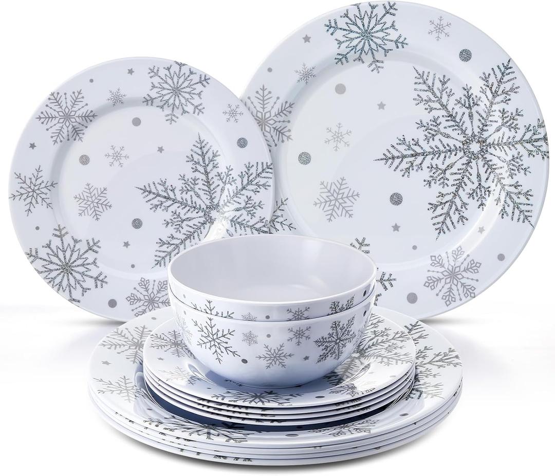 Ziliny 12 Pcs Christmas Snowflake Dinnerware Set Melamine Plates and Bowls Set Include 11" and 8" Plates 6" Soup Bowl, Service for 4 for Christmas Winter Party Supplies (Classic)